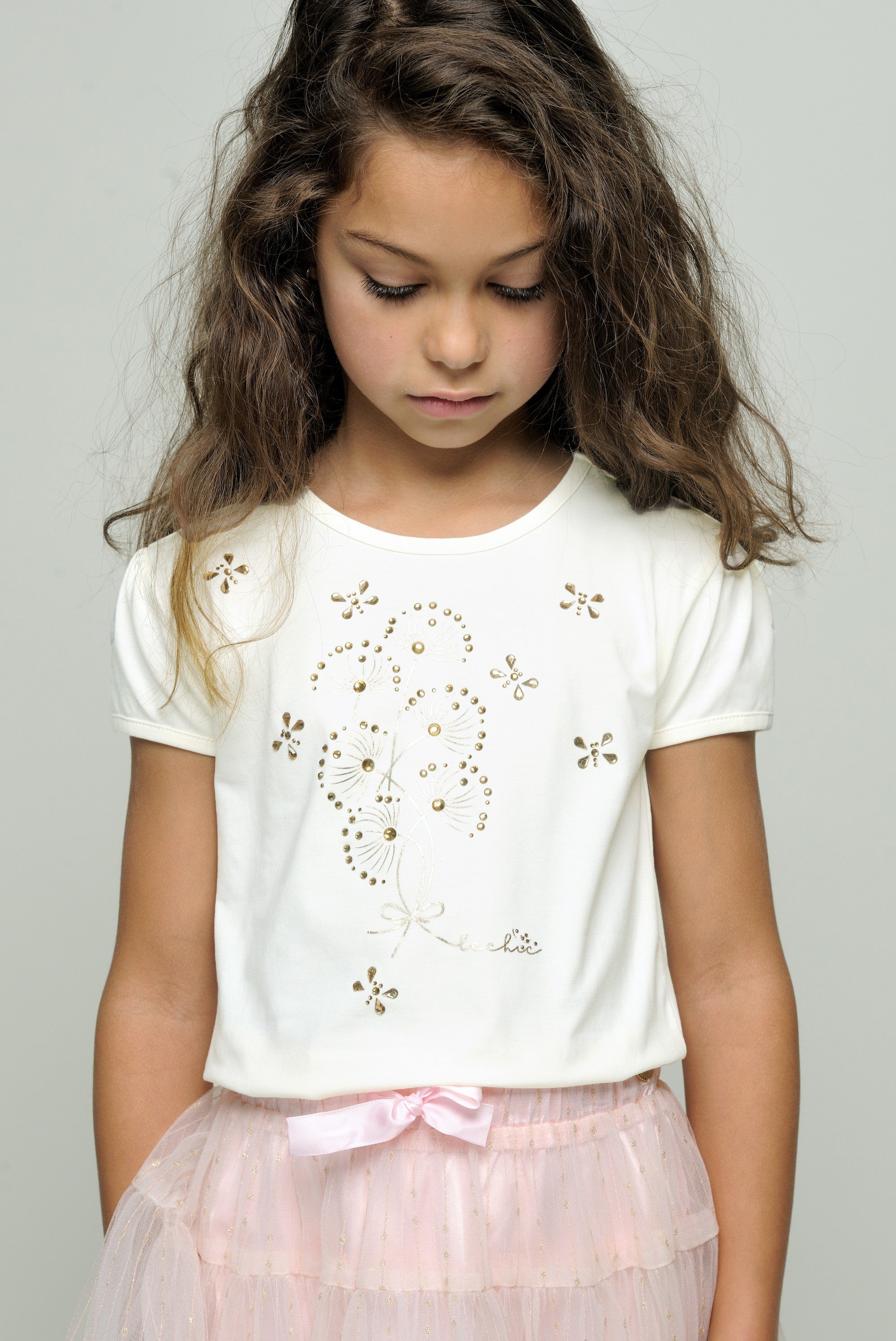 Le Chic ♥NOMMY♥ T-Shirt mit Folie und Steinen *Perlmutt-Elfenbein*