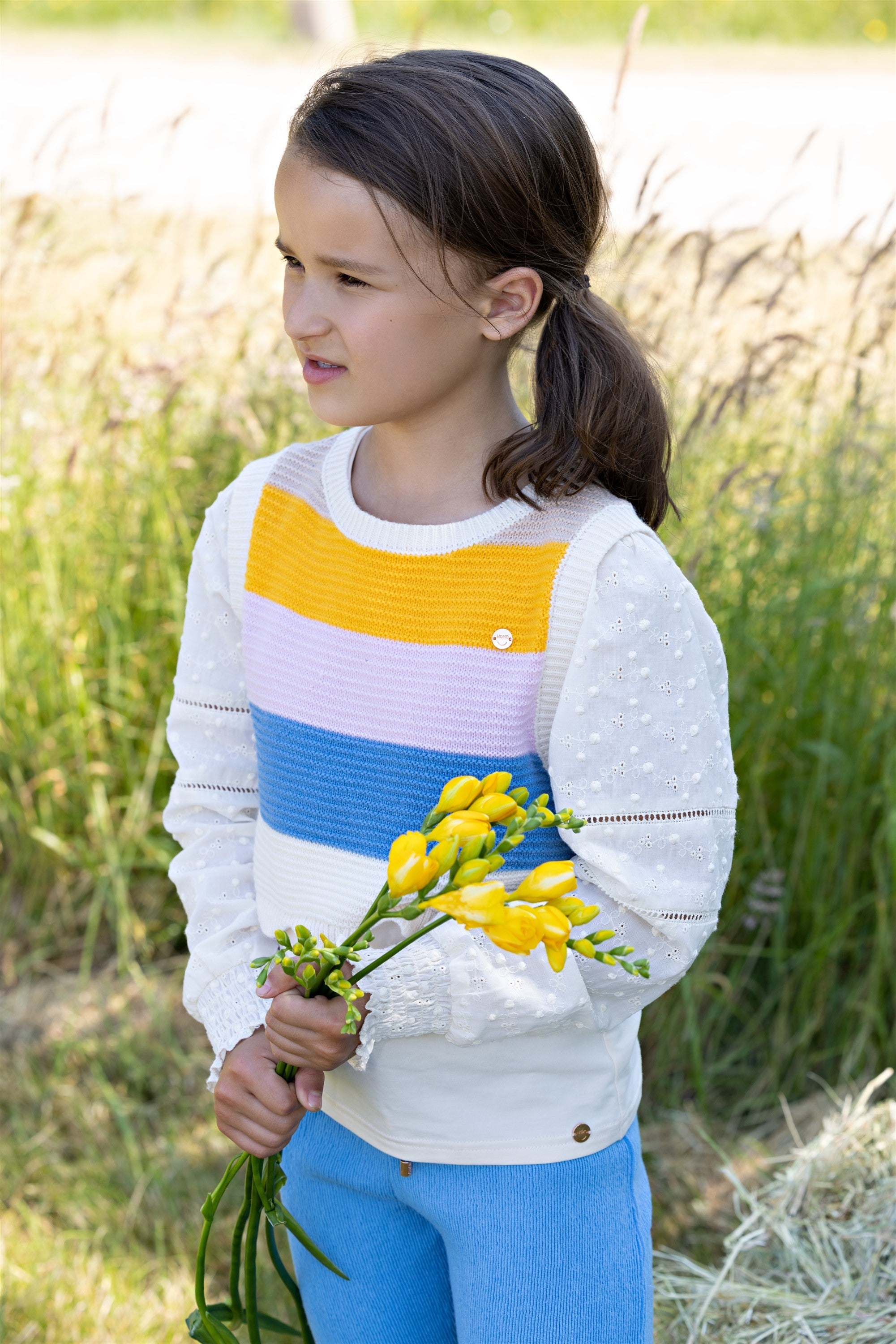 Kosmic Ajour Gebreide Crop Top Multikleuren Pearled Ivory