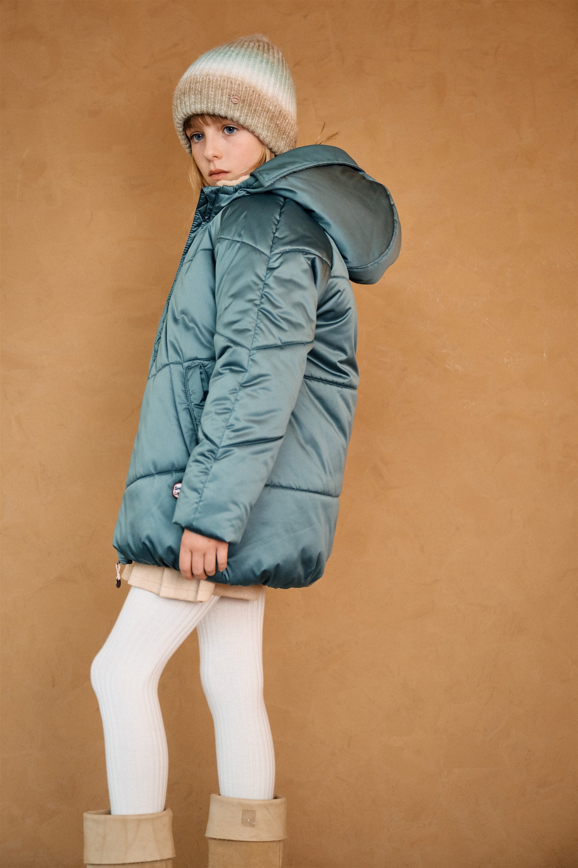 NoNo Baybee Halflange Satijnen Winterjas met Capuchon Groen