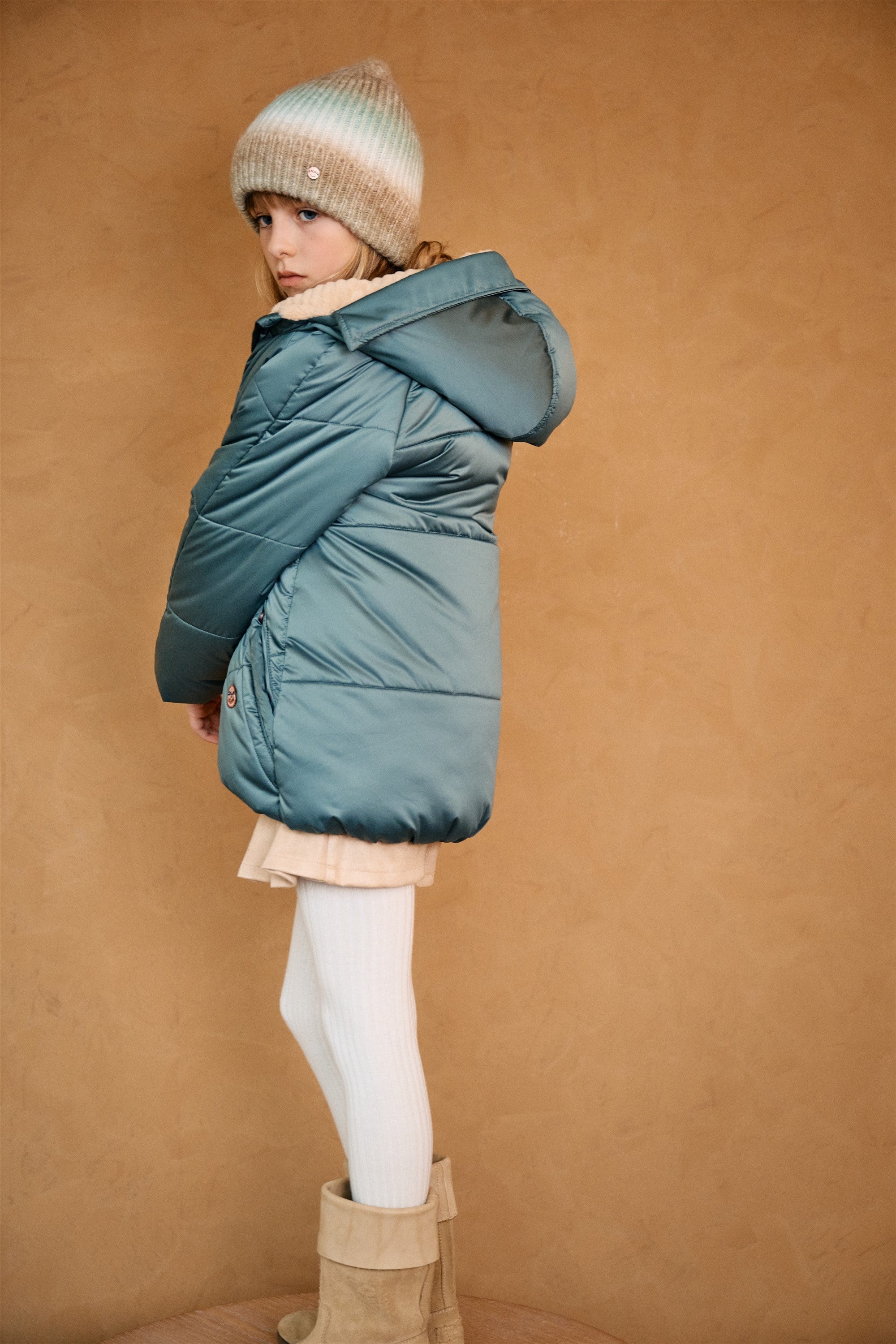 NoNo Baybee Halflange Satijnen Winterjas met Capuchon Groen