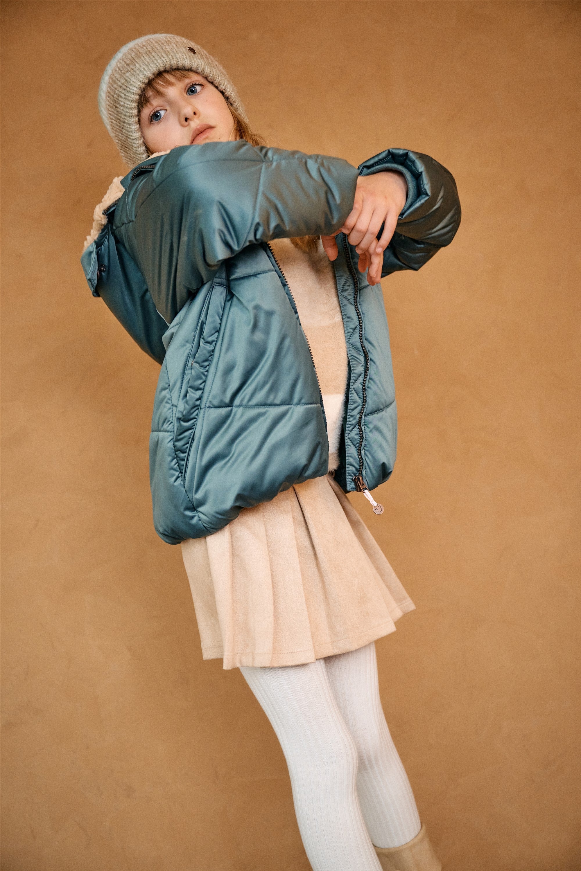 NoNo Baybee Halflange Satijnen Winterjas met Capuchon Groen