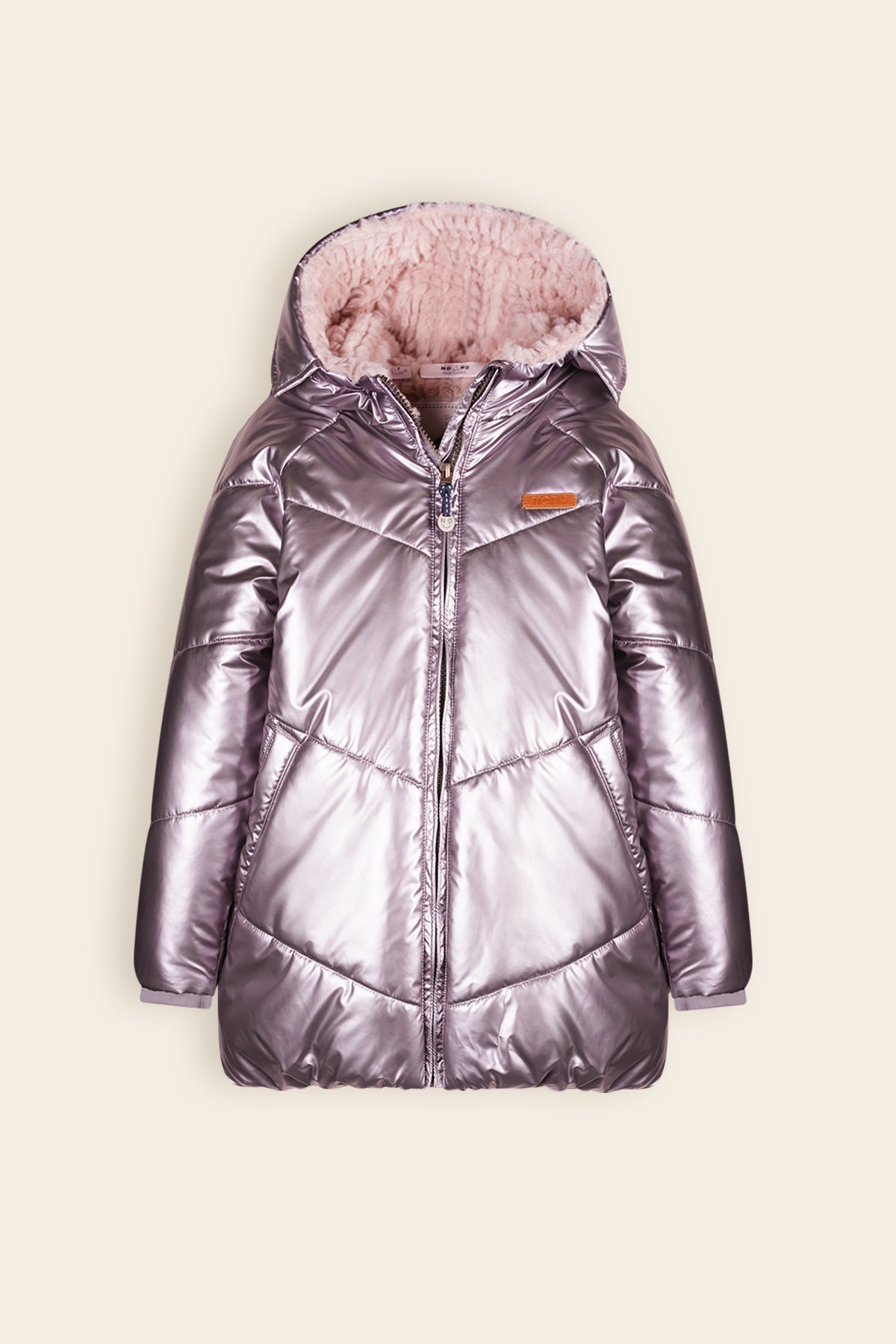 NoNo Baybee Halflange Satijnen Winterjas met Capuchon Metallic Roze