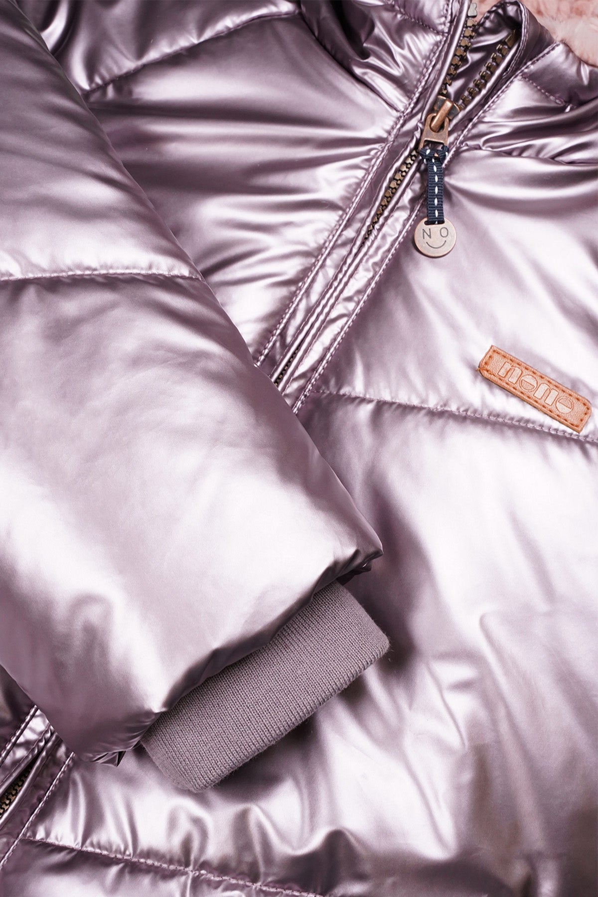 NoNo Baybee Halflange Satijnen Winterjas met Capuchon Metallic Roze