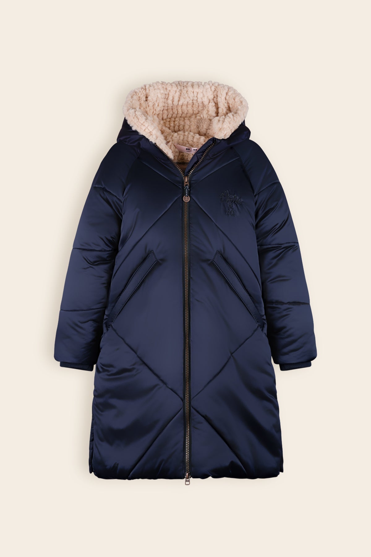 NoNo Beetle Lange Satijnen Winterjas met Capuchon Navy