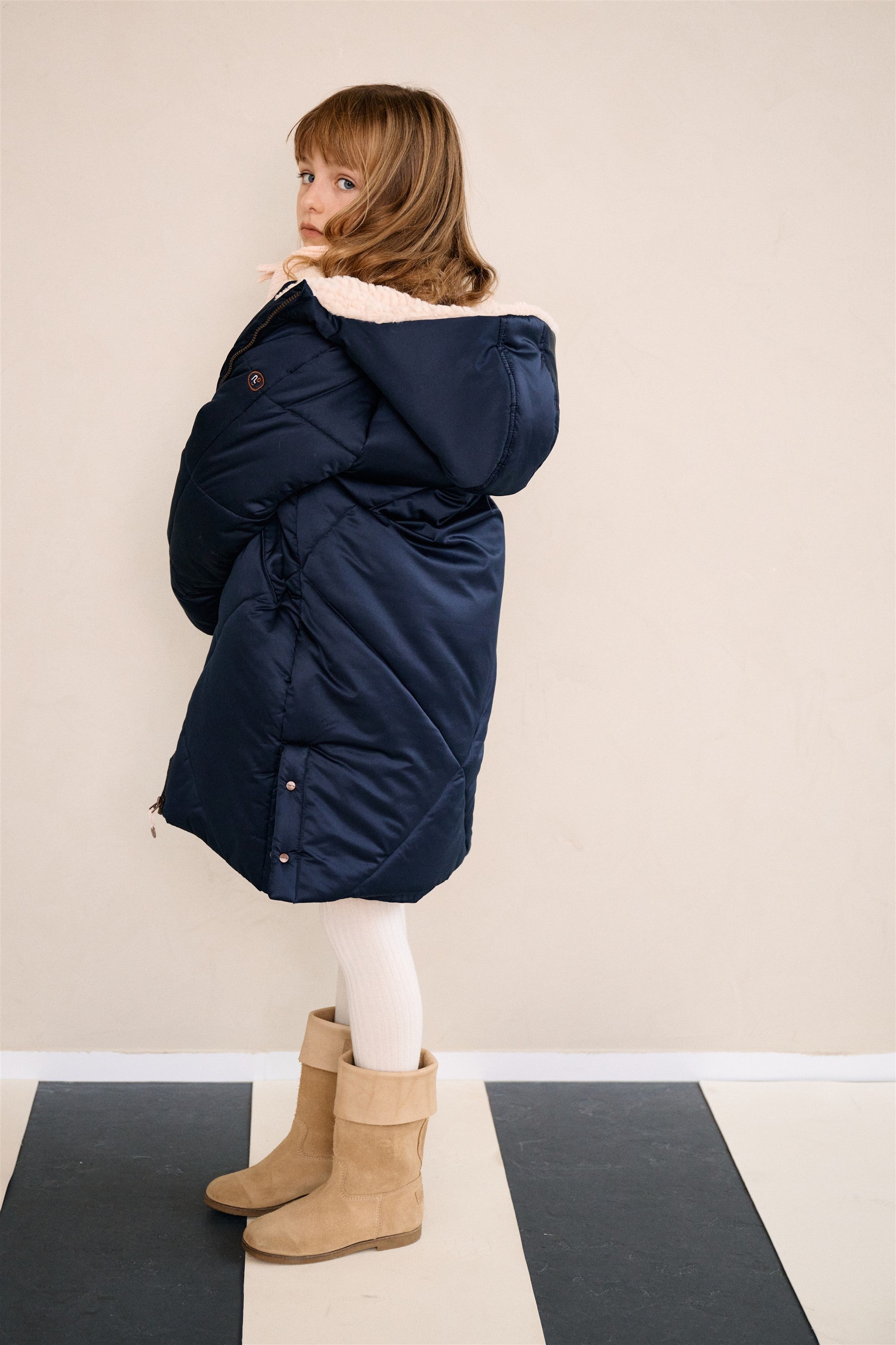 NoNo Beetle Lange Satijnen Winterjas met Capuchon Navy