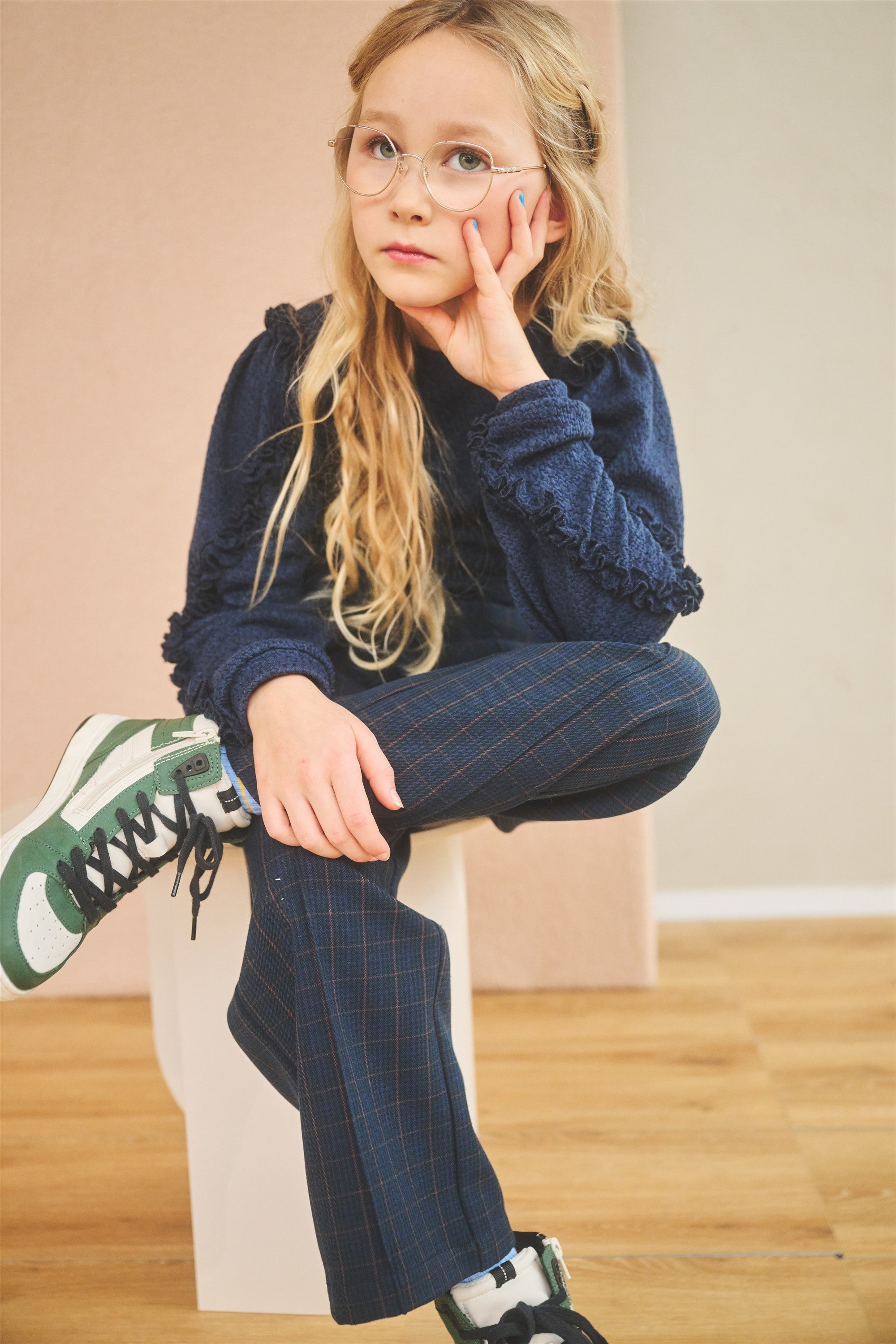 NoNo Sayla Geruiten Palazzo Broek Navy