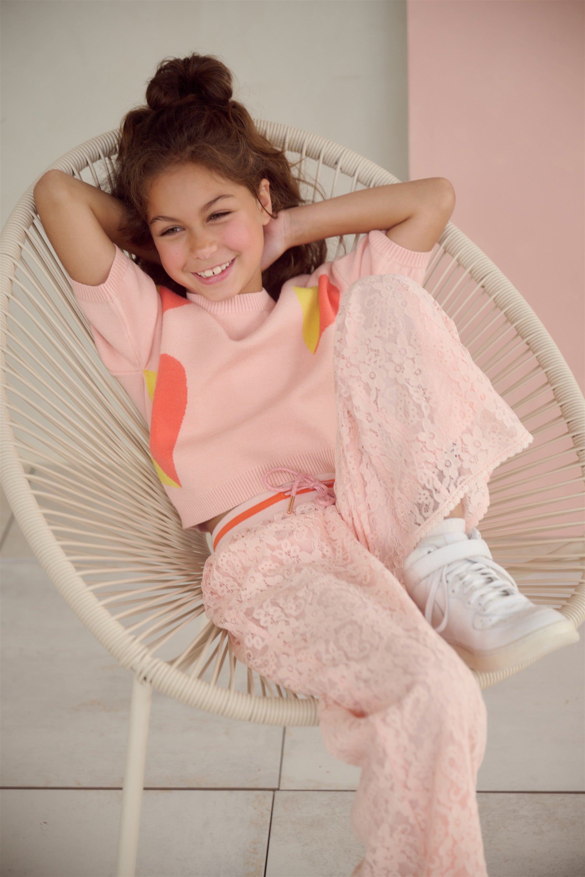 NoNo Keya Gebreide Top met Intarsia Hartjes Zacht Roze