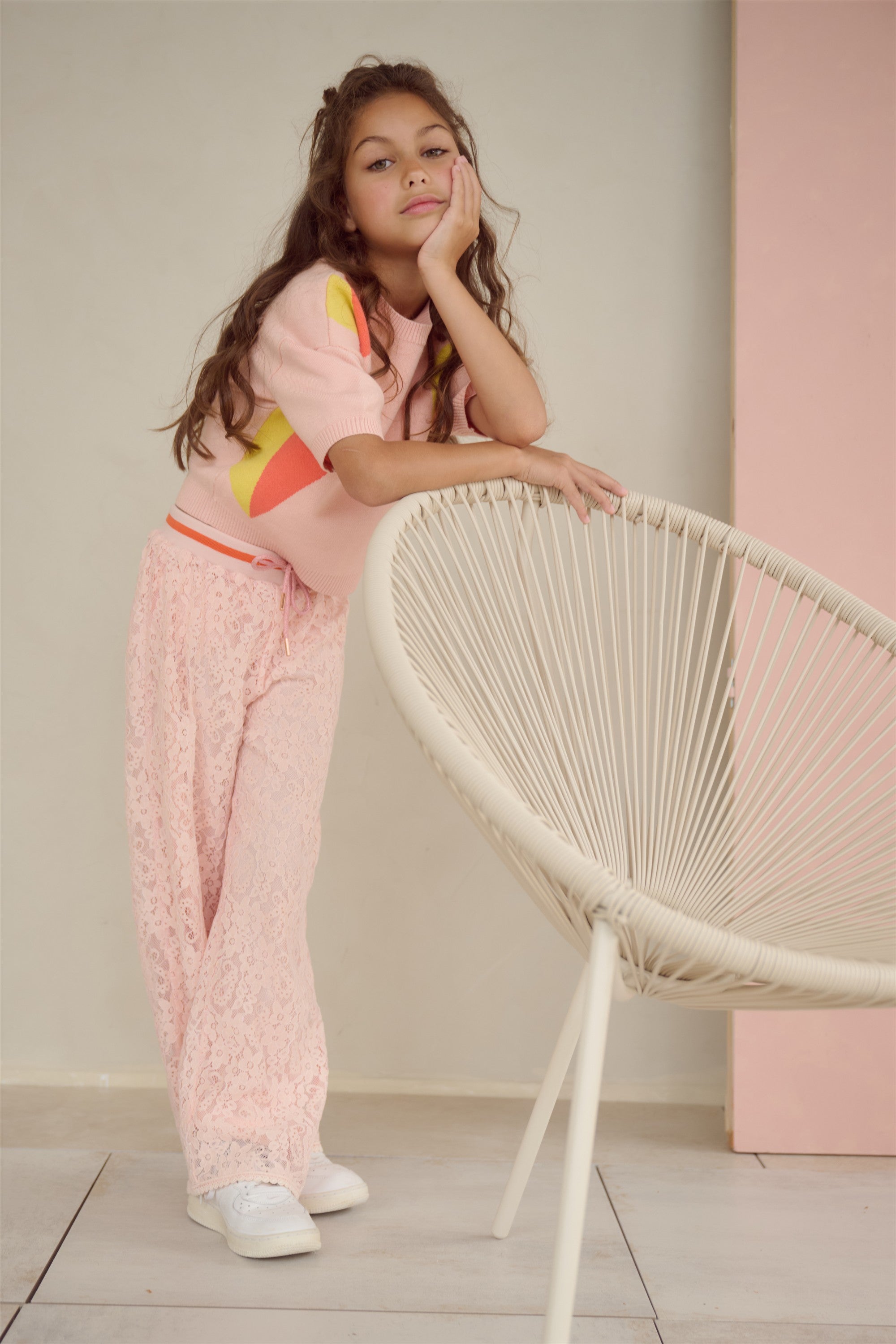 NoNo Keya Gebreide Top met Intarsia Hartjes Zacht Roze