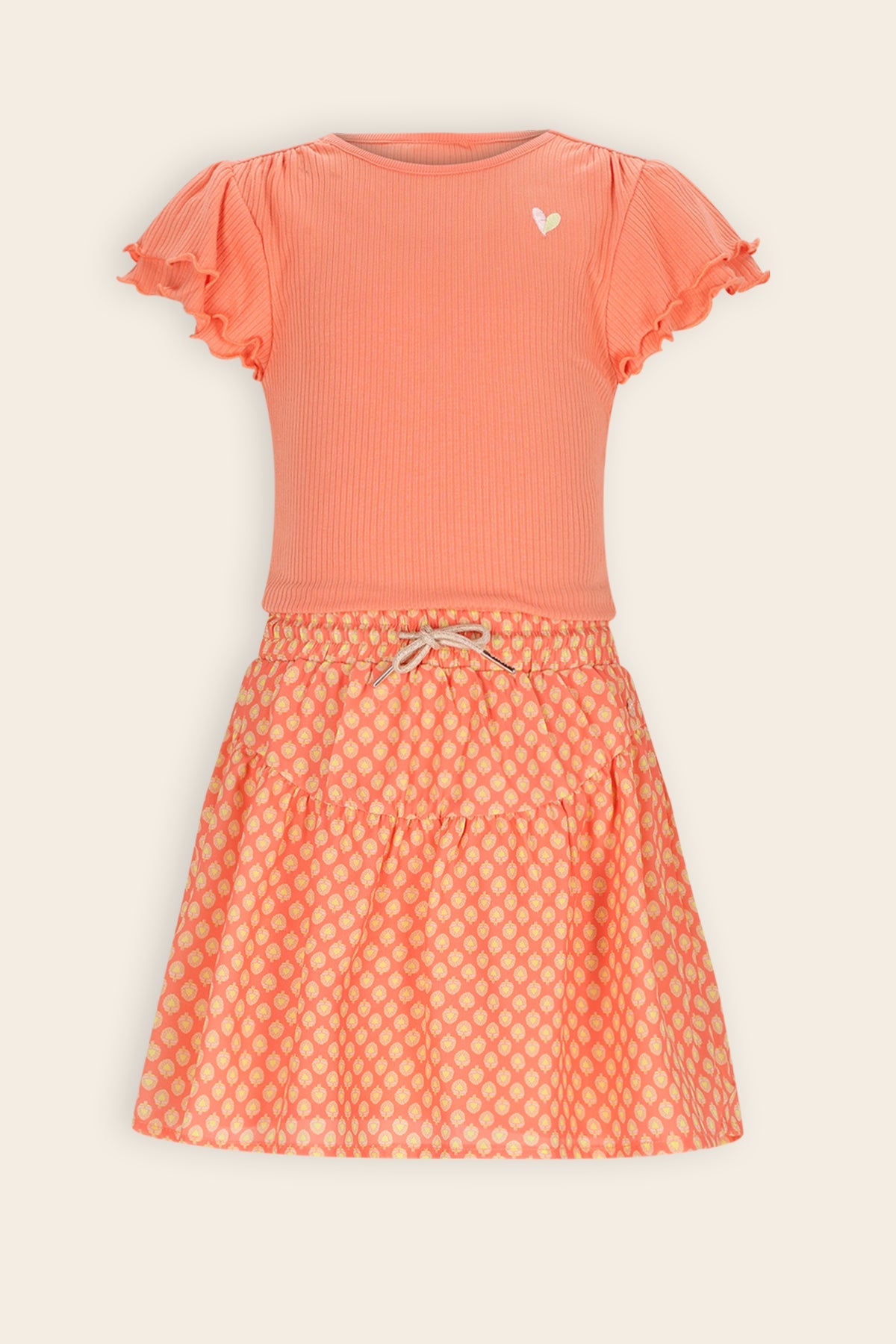 NoNo Morly Combi Jurk met geprinte Rok Koraal Oranje