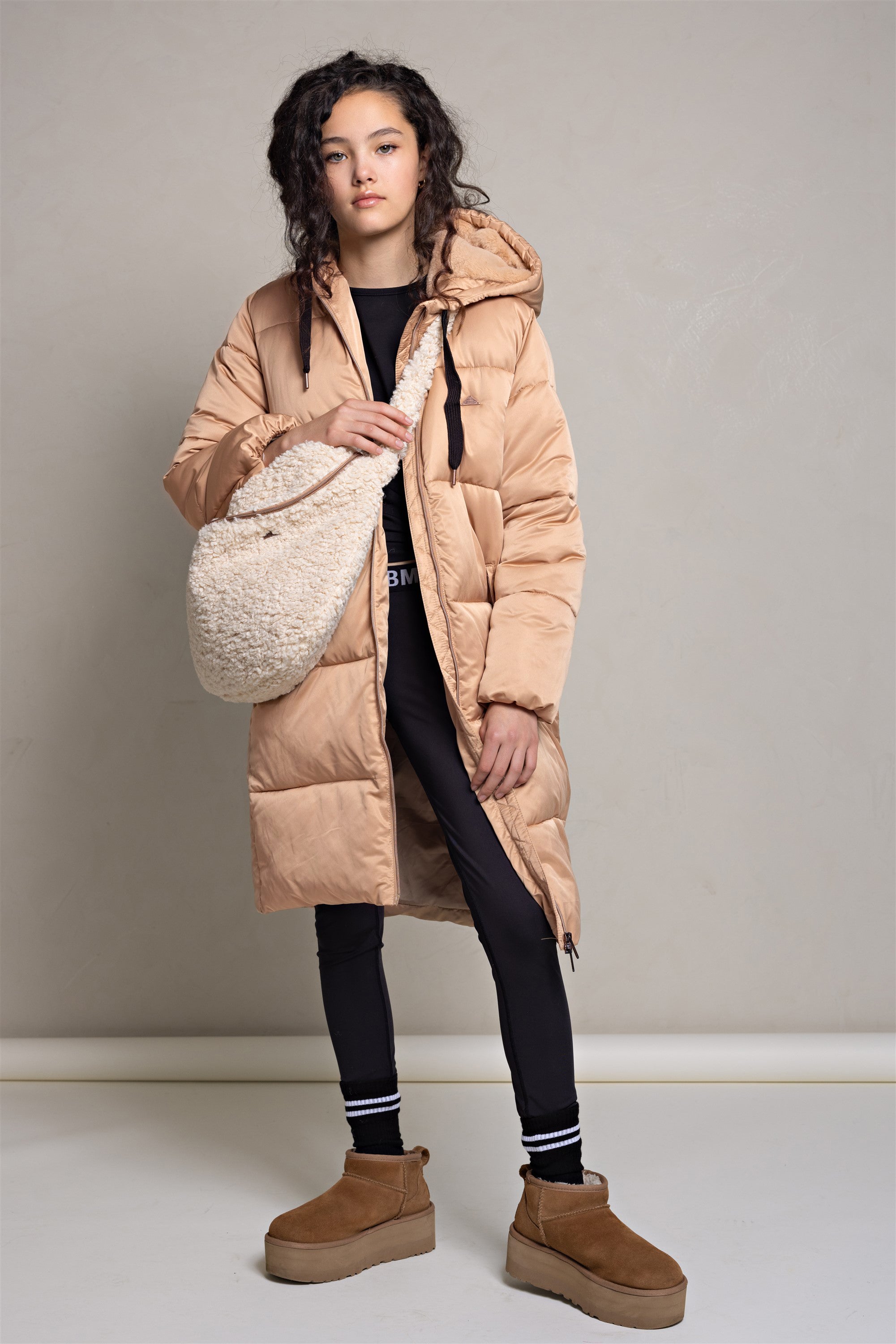 NoBell' Baggo Lange Puffer Jas met Capuchon Beige Goud