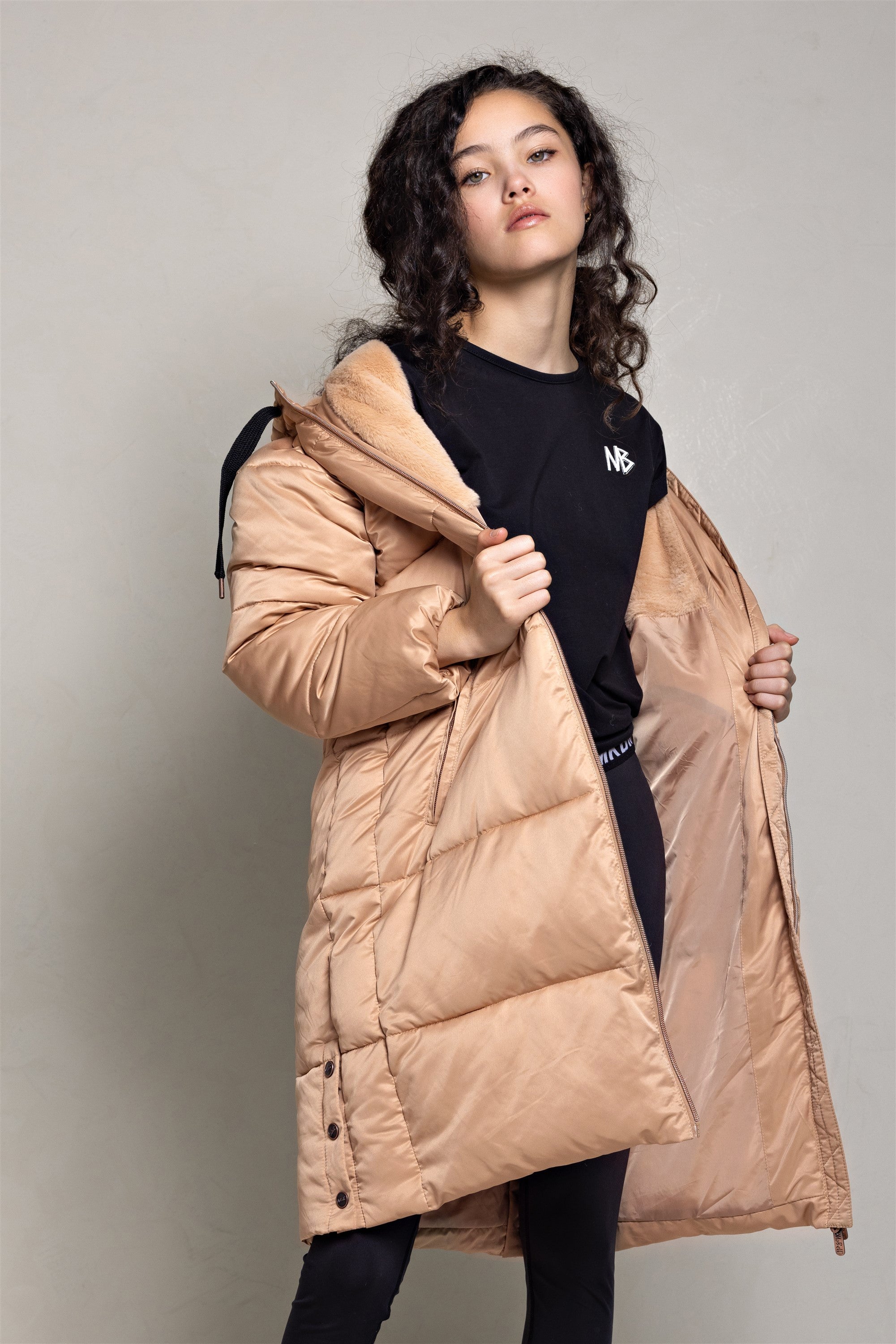 NoBell' Baggo Lange Puffer Jas met Capuchon Beige Goud