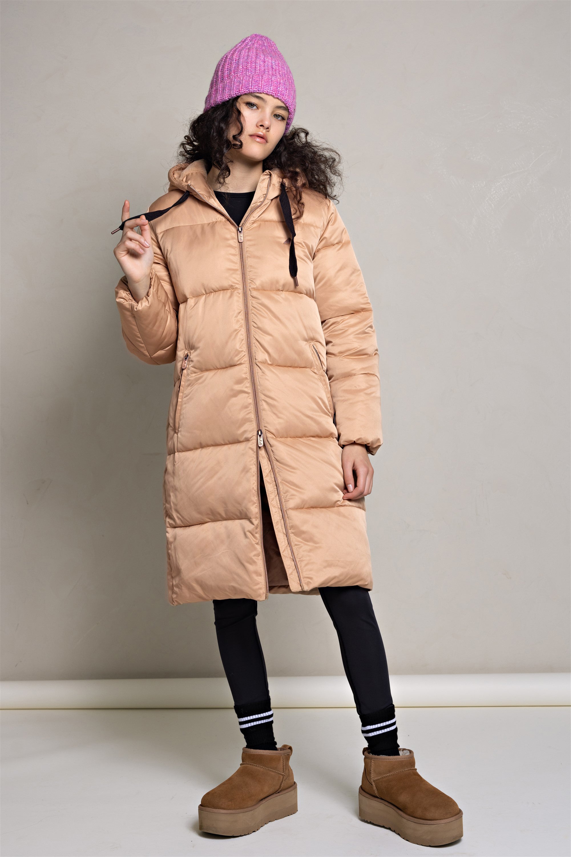 NoBell' Baggo Lange Puffer Jas met Capuchon Beige Goud