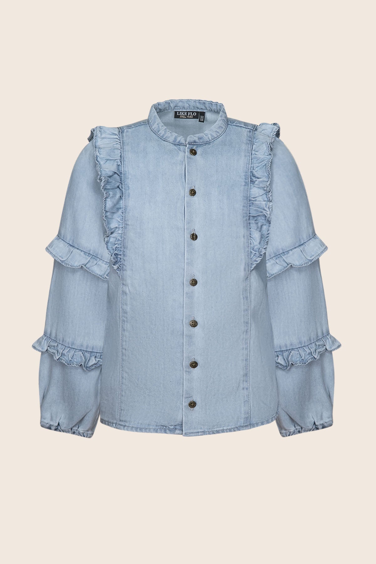 LikeFLO Girls Carlijn Flo Girls Chambray Blouse With Ruffles On Sleeves Lt Denim - LikeFlo