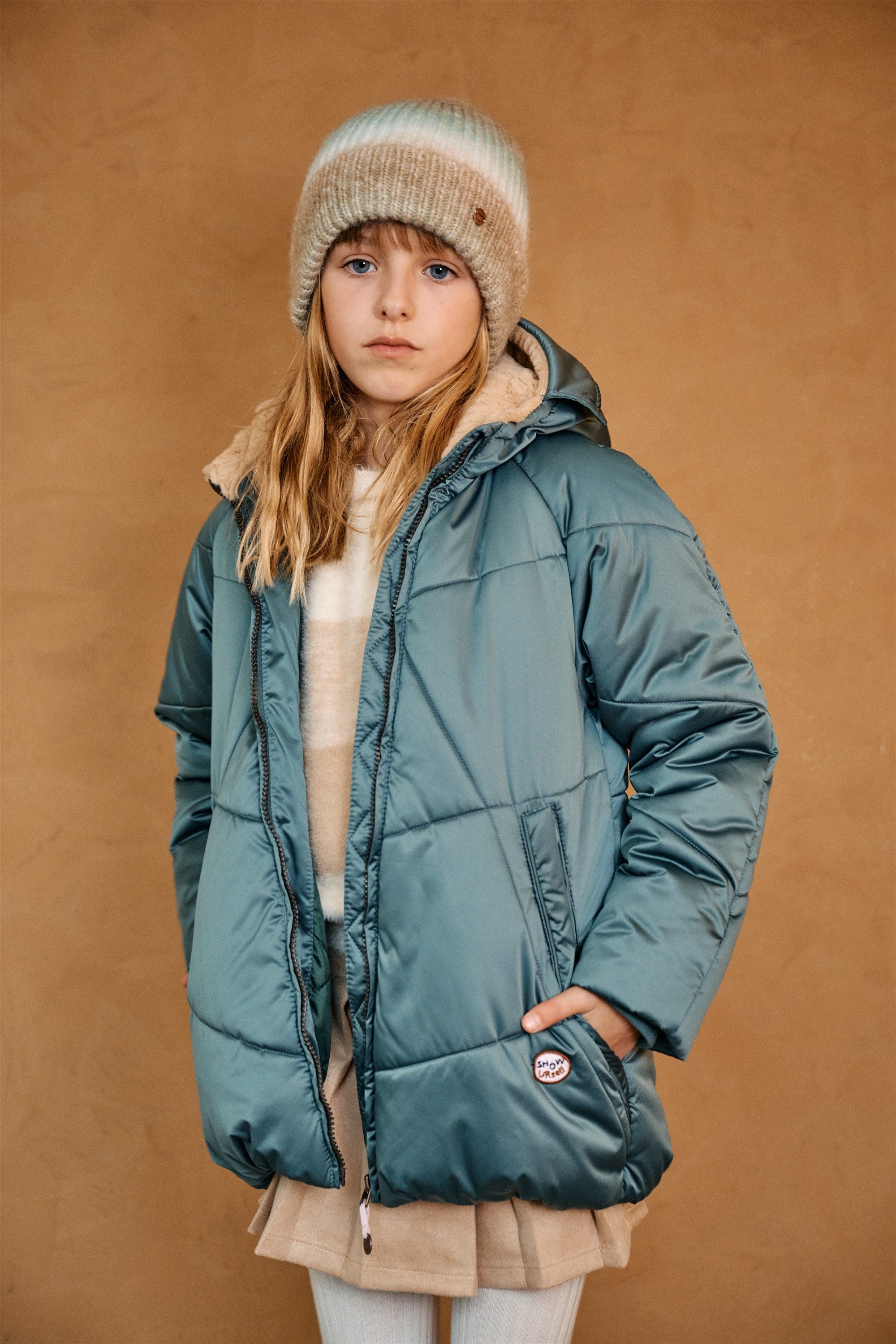 NoNo Baybee Halflange Satijnen Winterjas met Capuchon Groen