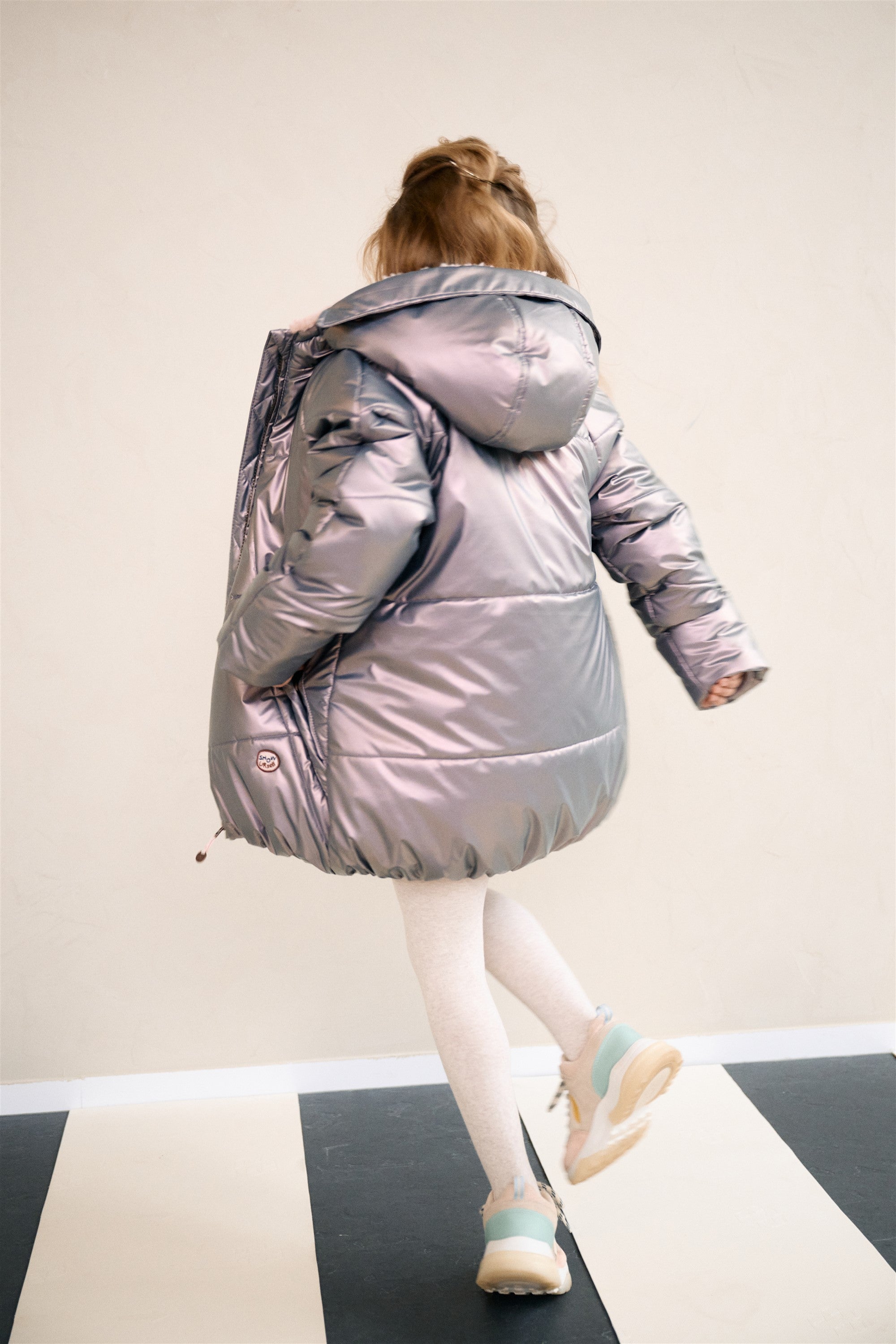 NoNo Baybee Halflange Satijnen Winterjas met Capuchon Metallic Roze