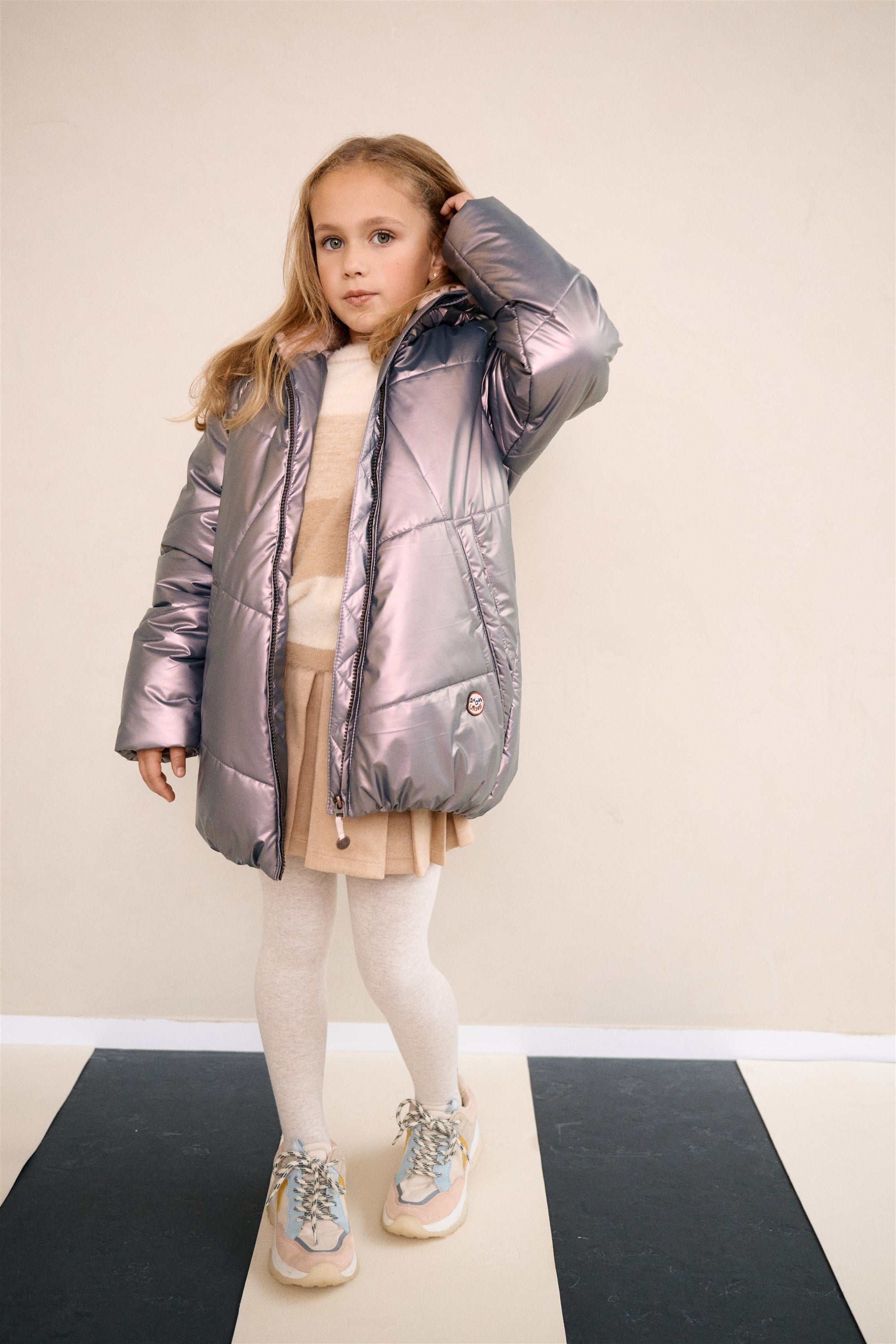 NoNo Baybee Halflange Satijnen Winterjas met Capuchon Metallic Roze