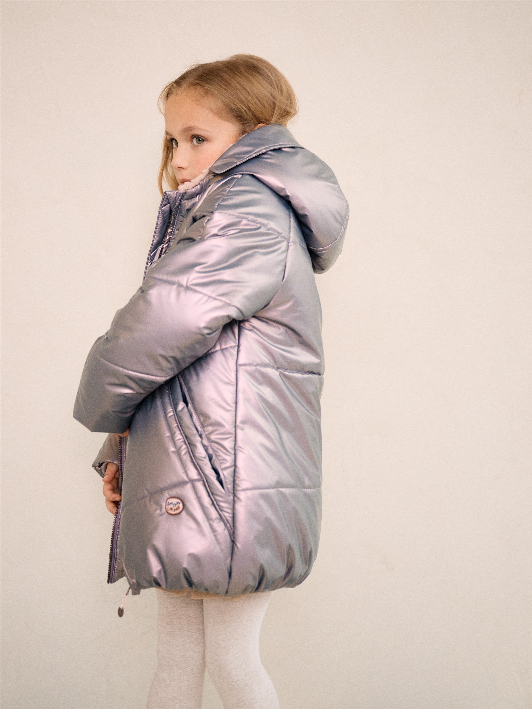 NoNo Baybee Halflange Satijnen Winterjas met Capuchon Metallic Roze