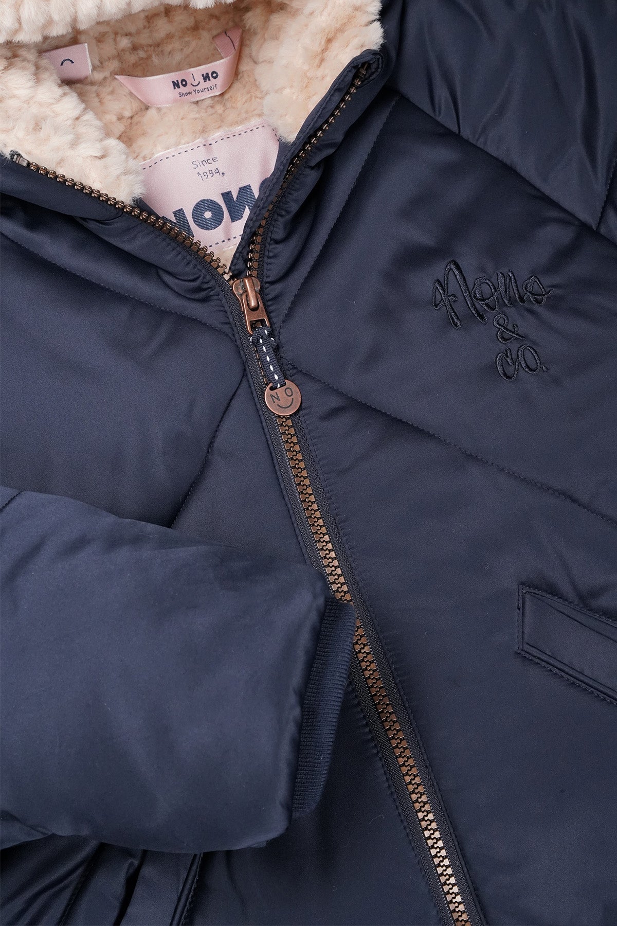 NoNo Beetle Lange Satijnen Winterjas met Capuchon Navy