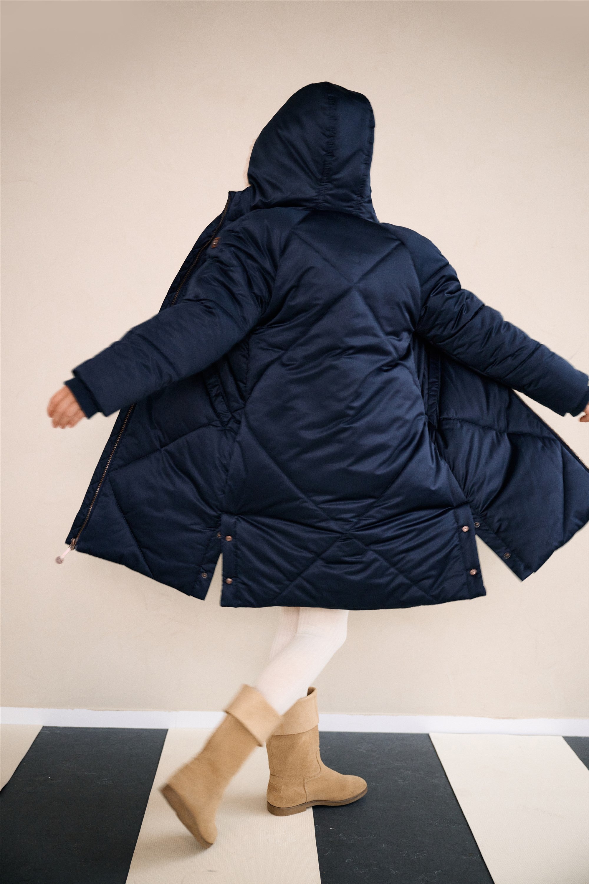 NoNo Beetle Lange Satijnen Winterjas met Capuchon Navy