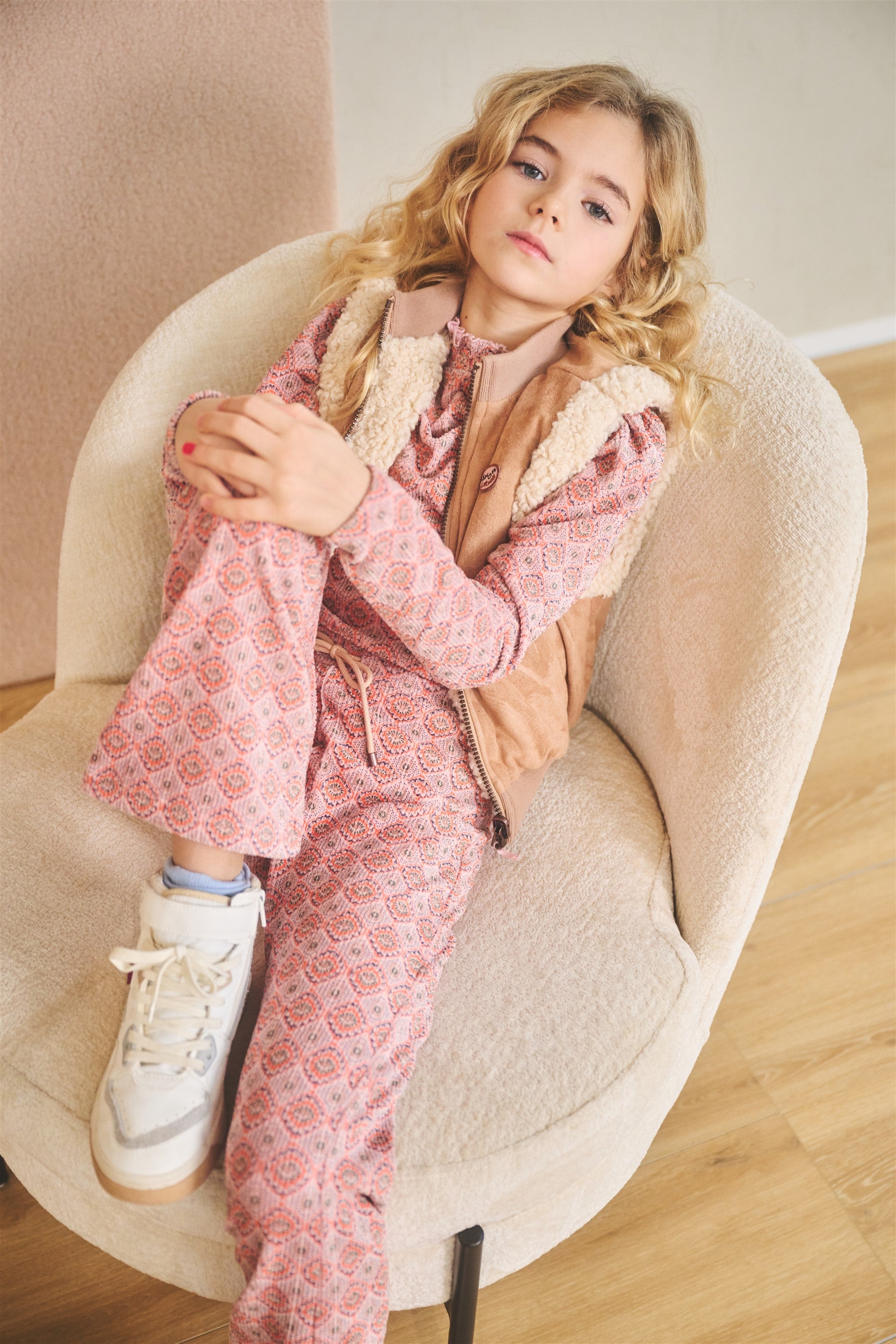 Sady Geprinte Velours Rib Jersey Broek Zacht Roze