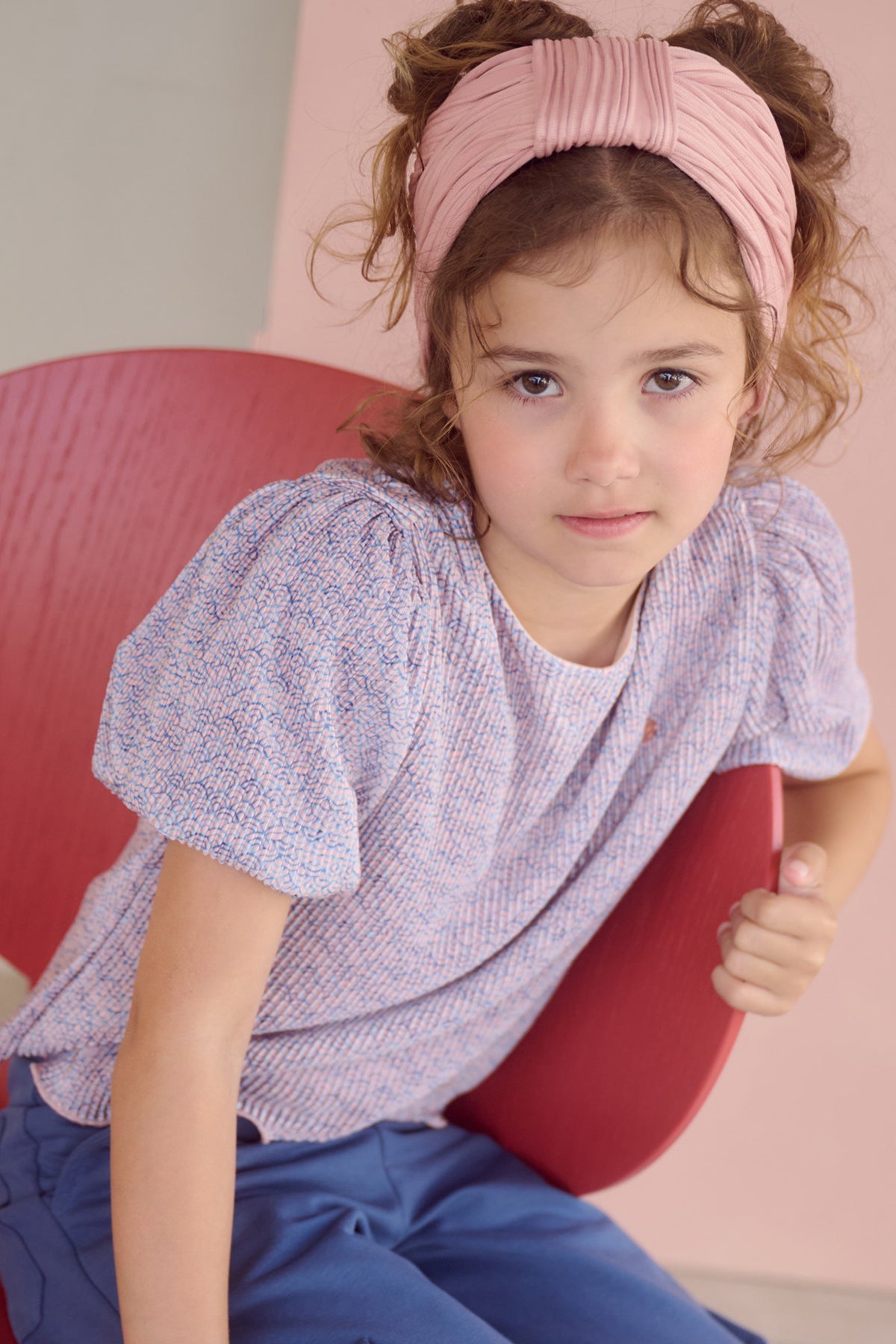 NoNo Tish Geprinte Plissee Top Blauw