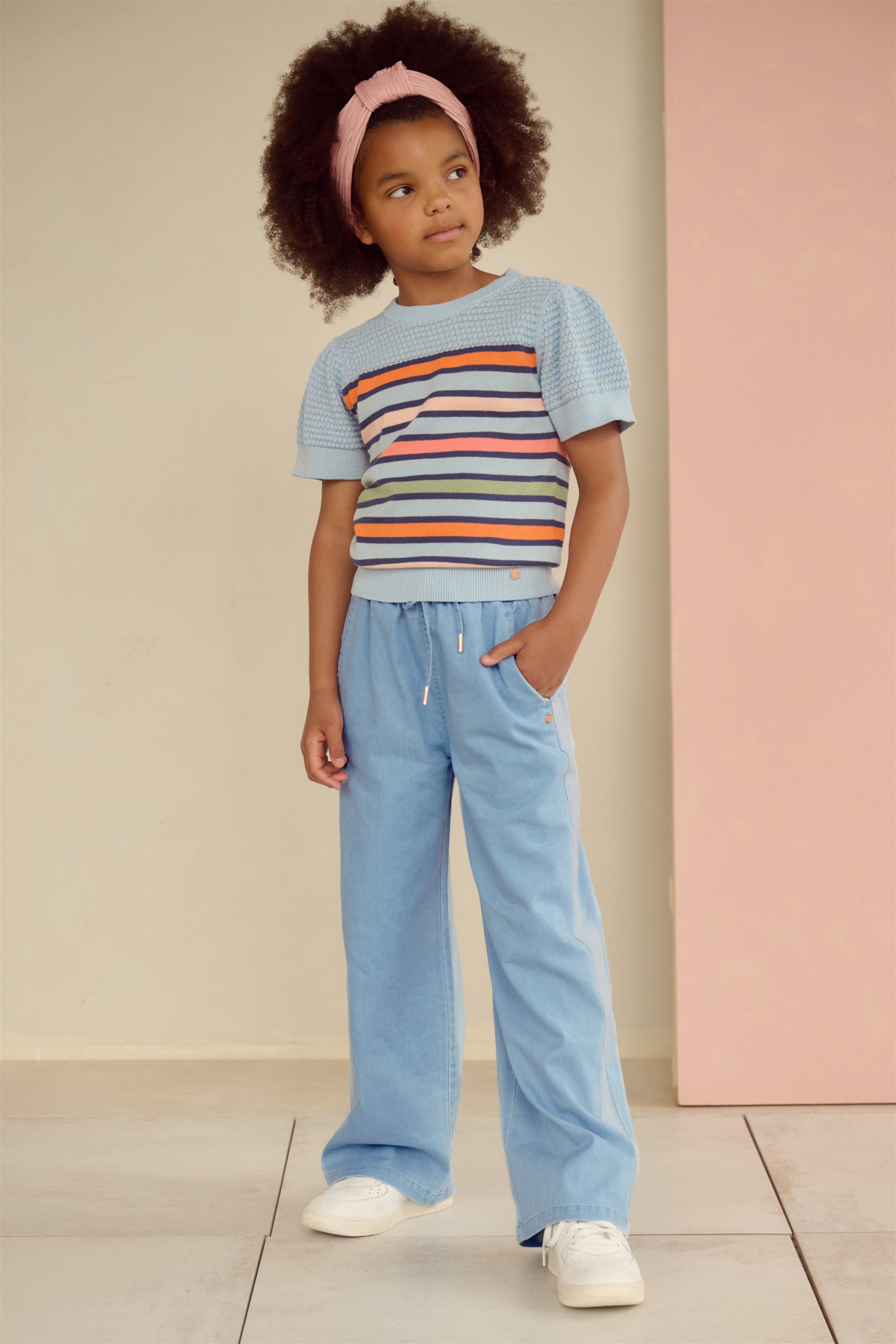 NoNo Kerala Ajour Gebreide Gestreepte Top Blauw