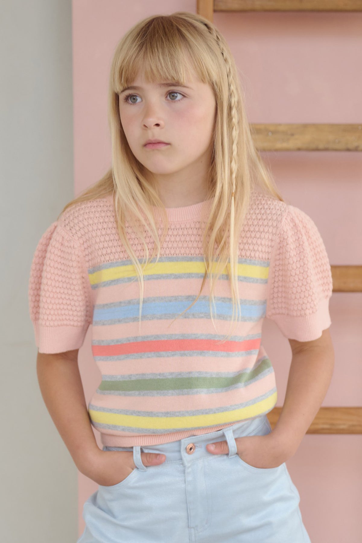 NoNo Kerala Ajour Gebreide Gestreepte Top Zacht Roze