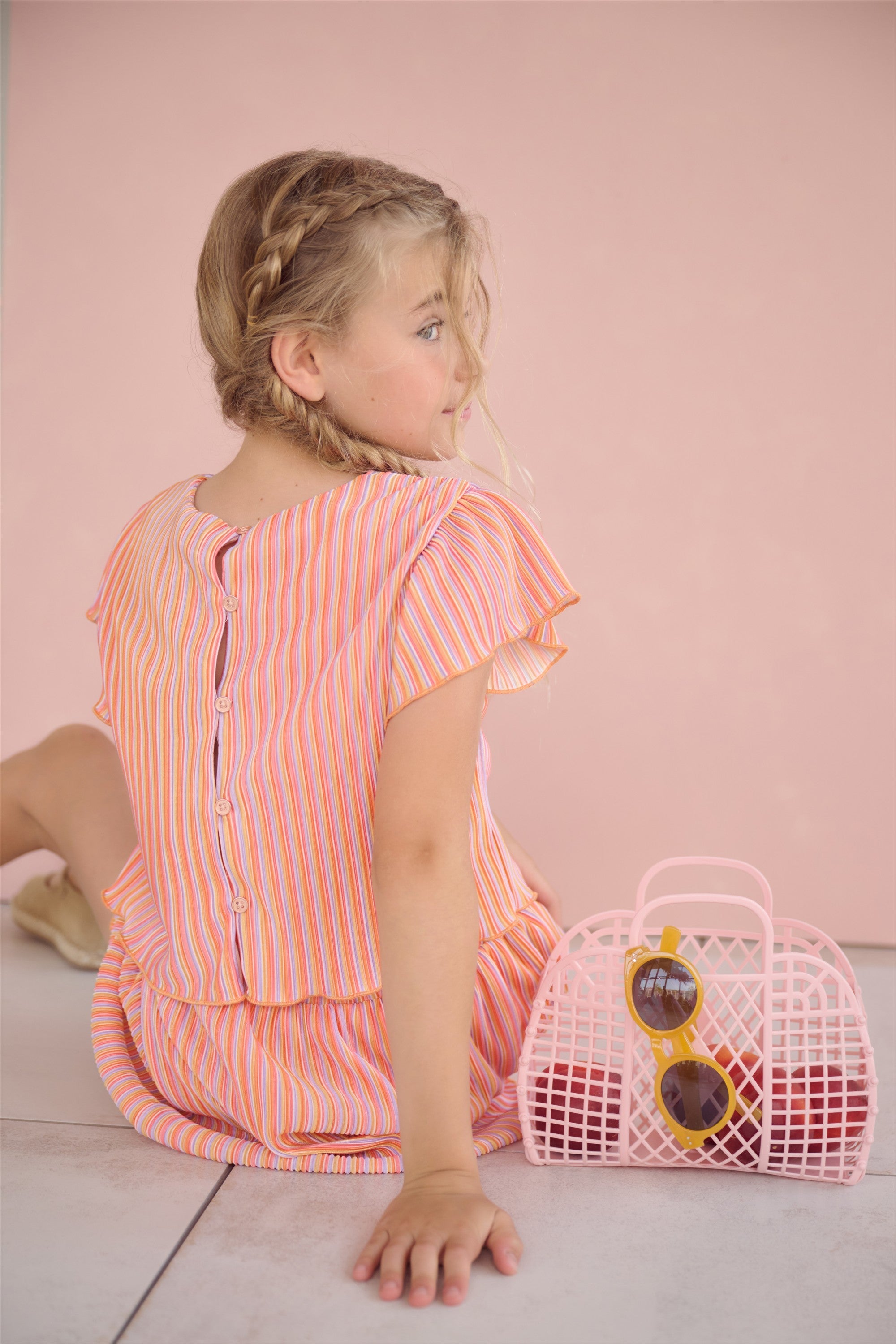NoNo Tiana Gestreepte Plisse Top Koraal Oranje