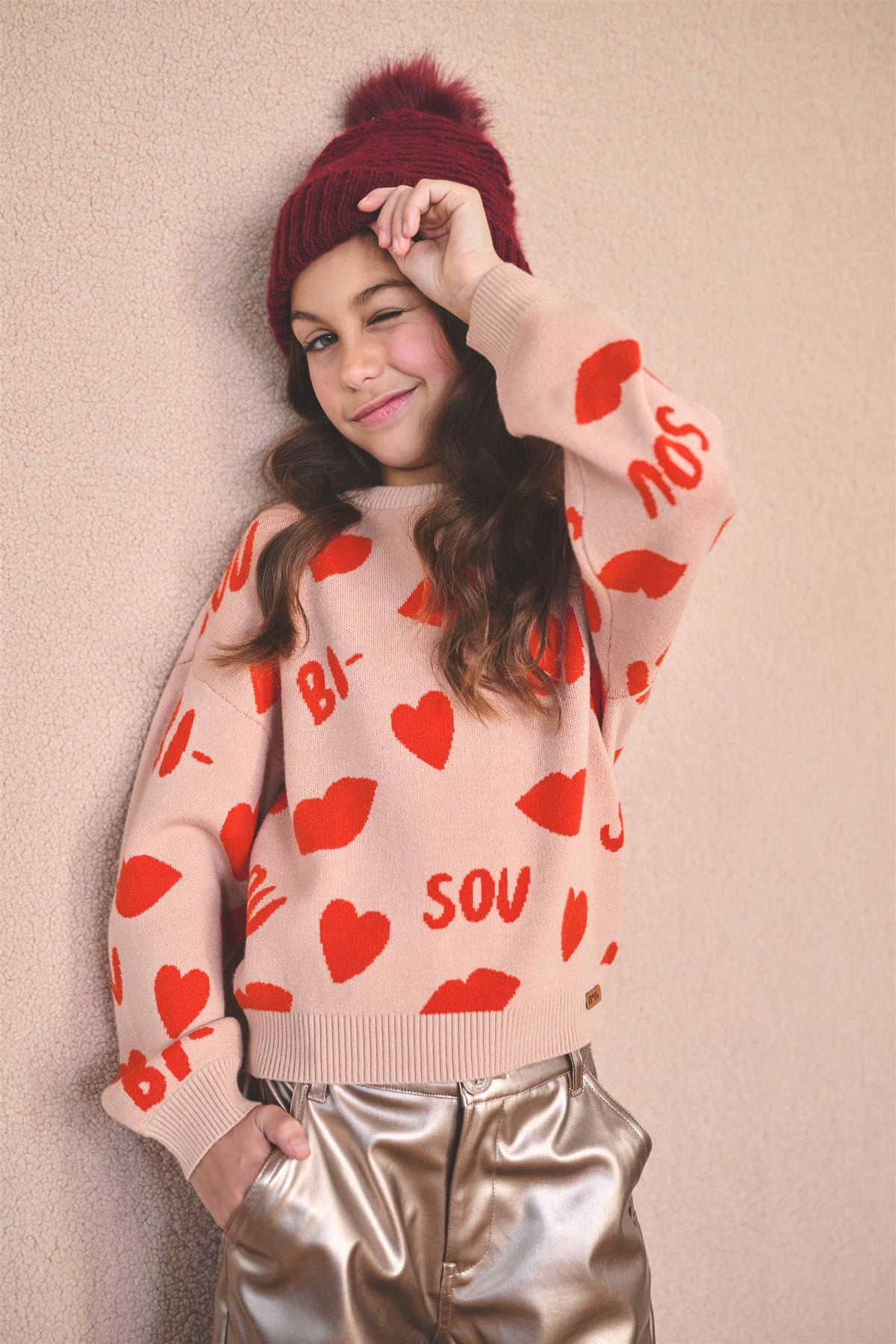 NoNo Katie Gebreide Jacquard 'Bisou' Trui Zand