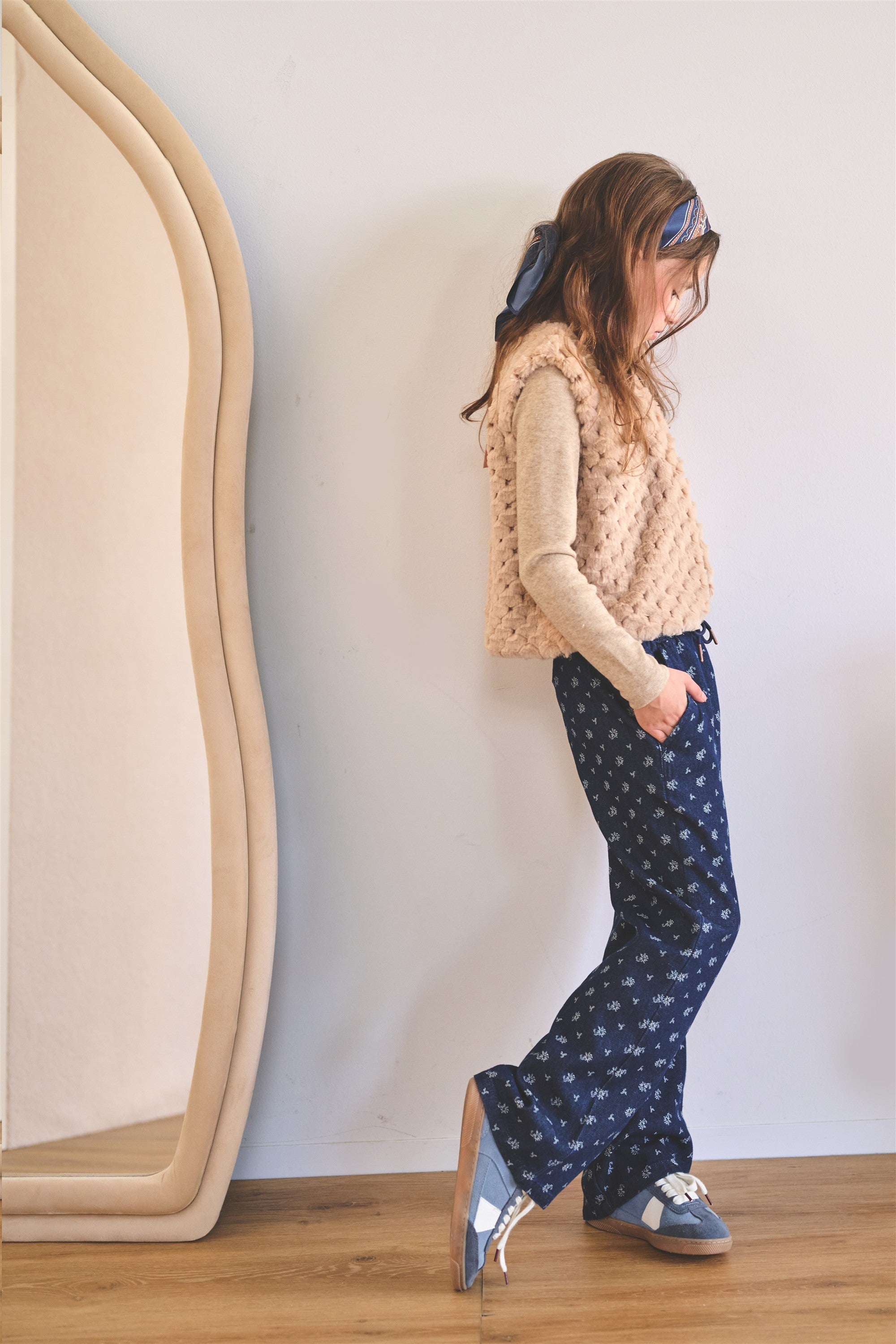NoNo Sue Jacquard Denim Broek Wijde Pijp Blauw