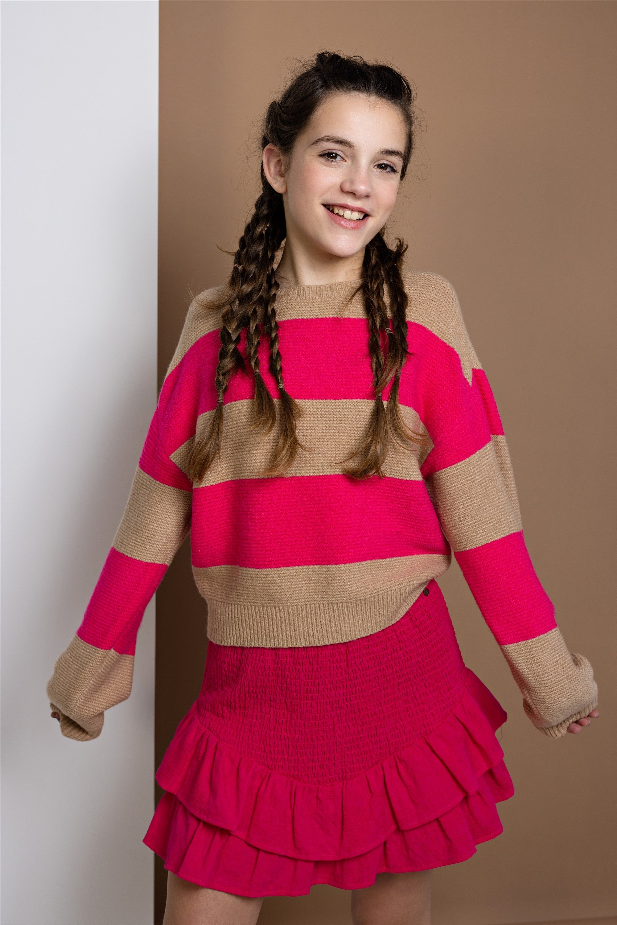 Kessy Gebreide Gestreepte Cropped Trui Knalroze