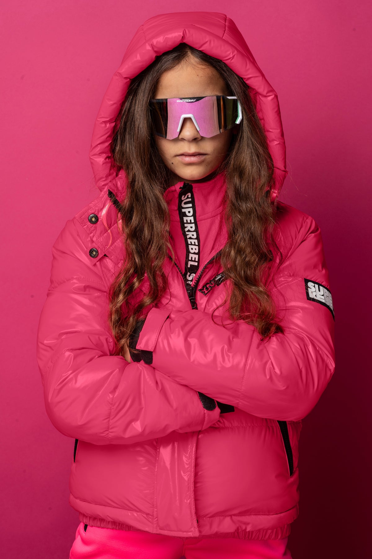 SPICY Shiny Hooded Ski Jacket Fluopink